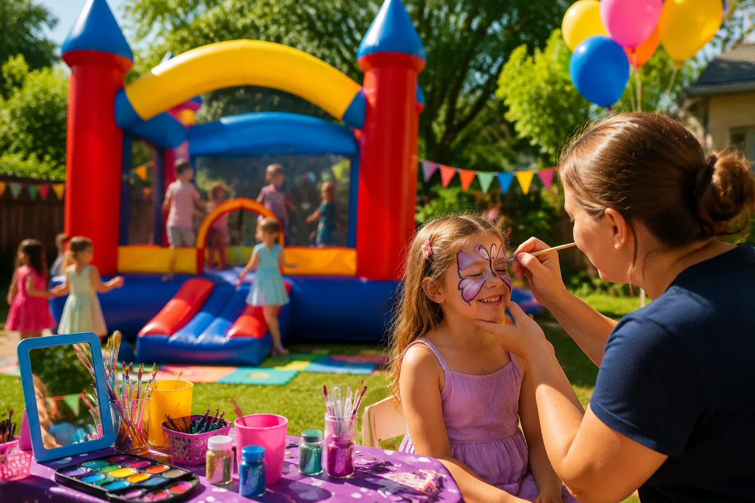 Colorful bounce house and face painting station set up in a backyard for a children's birthday party, sunny daytime, festive and lively