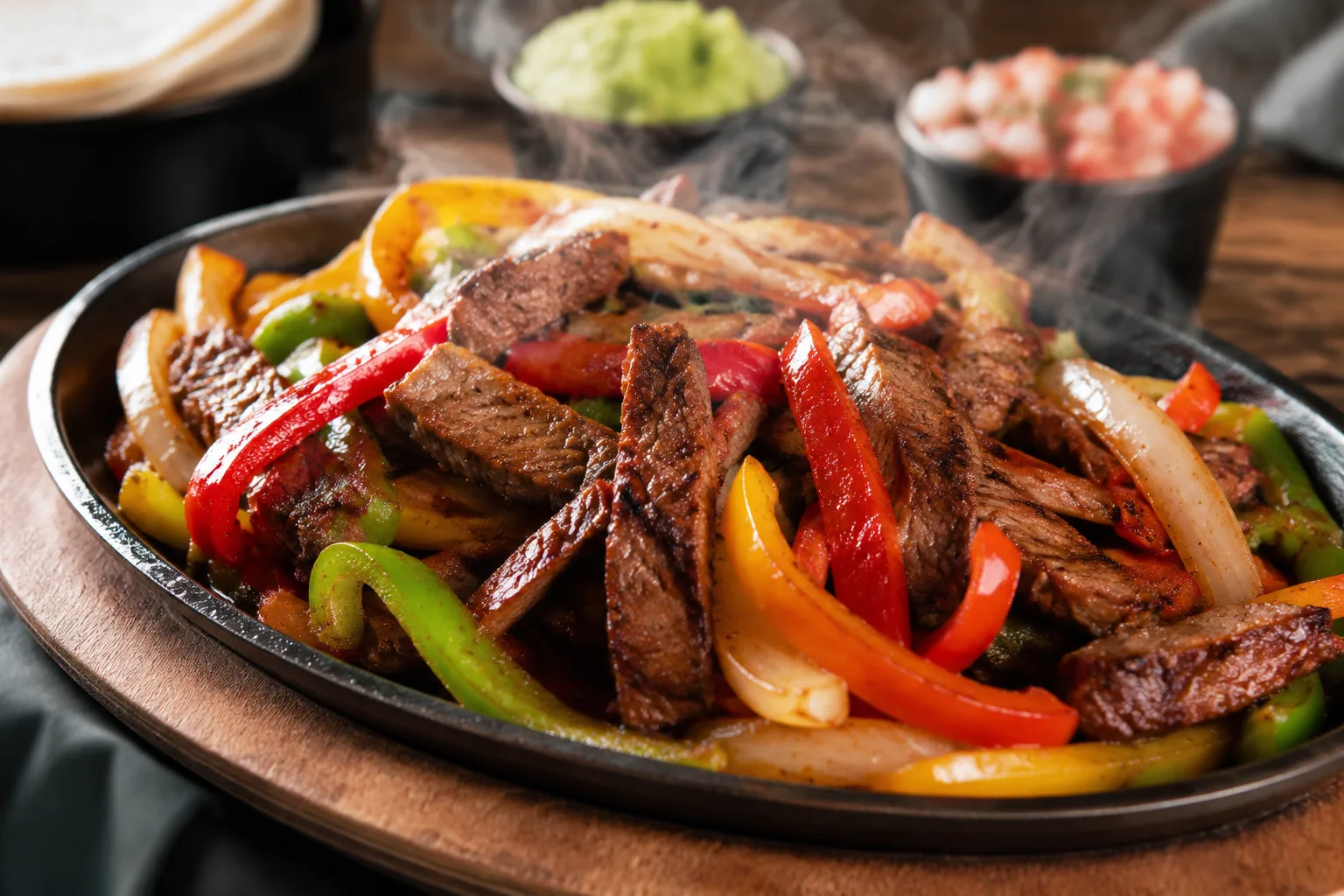 Sizzling fajita skillet with grilled peppers, onions, and seasoned steak, steam rising, professional catering presentation
