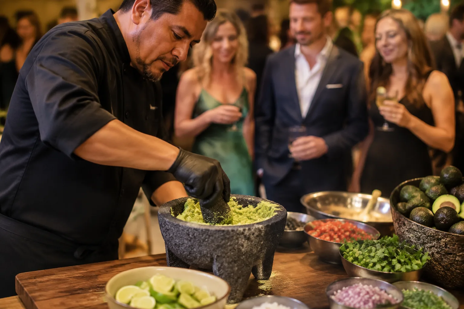 Catering staff member preparing fresh guacamole in a molcajete stone bowl at a live cooking station, guests watching in the blurred