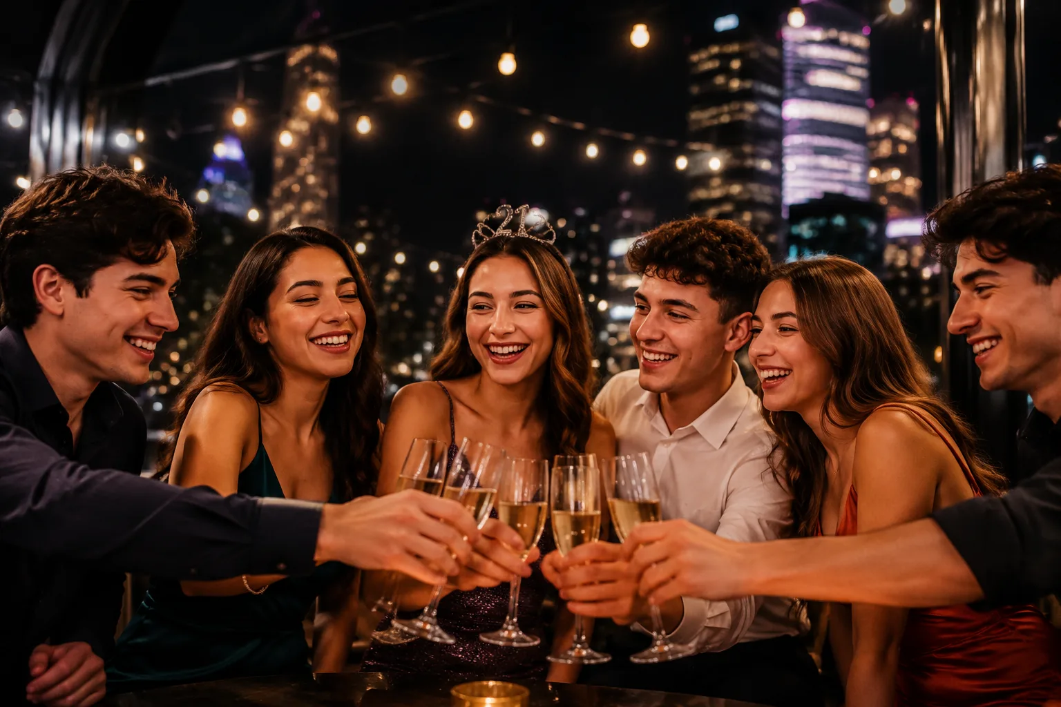 Young adults toasting champagne glasses at a 21st birthday celebration in a stylish lounge setting, string