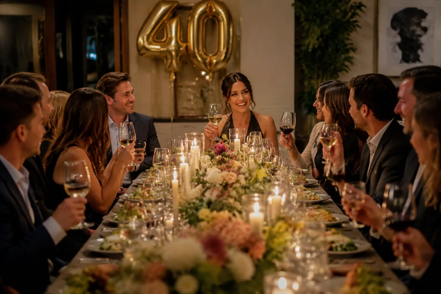 Formal seated dinner celebration for a 40th birthday, guests around a beautifully set long table with candles and floral centerpieces, warm