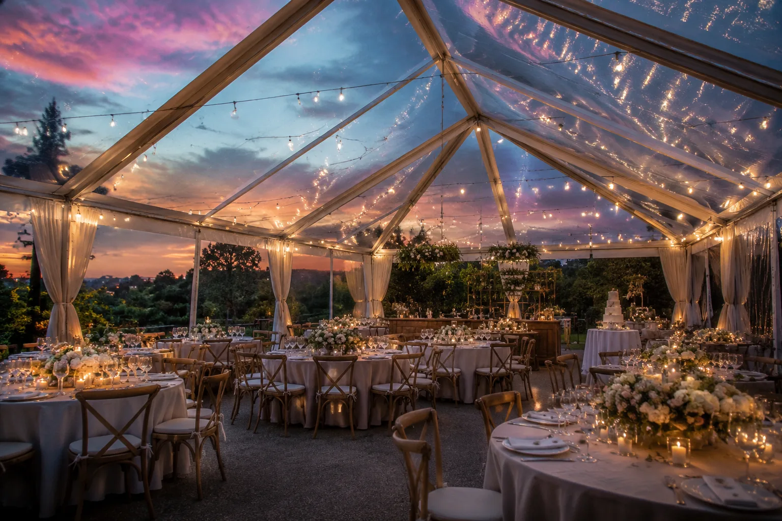 Clear-top wedding tent set up outdoors with string lights and reception tables, dusk sky visible through the tent ceiling