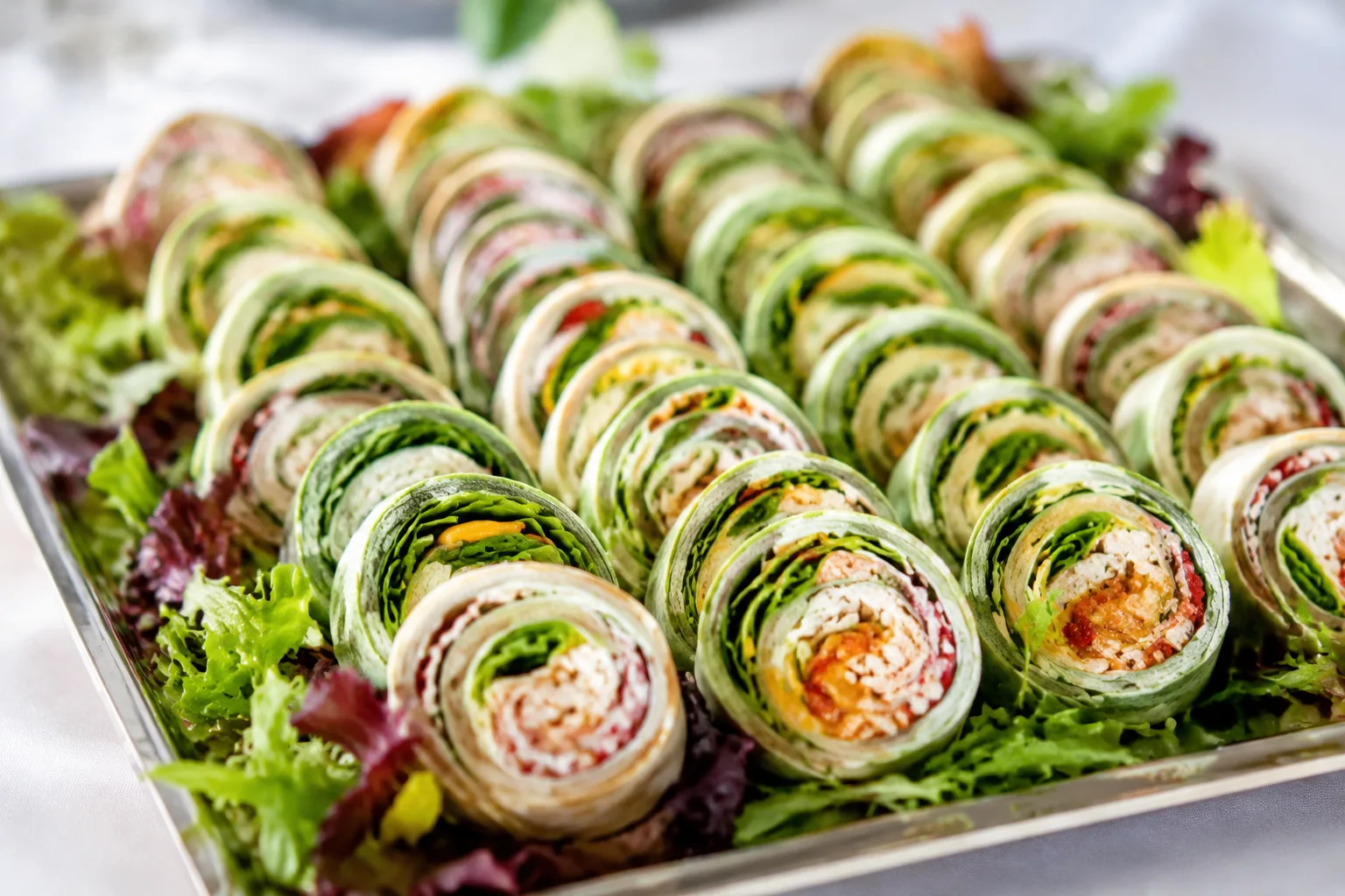 A photorealistic image of a wrap platter with colorful pinwheel-cut spinach and flour tortilla wraps arranged in rows on a catering tray