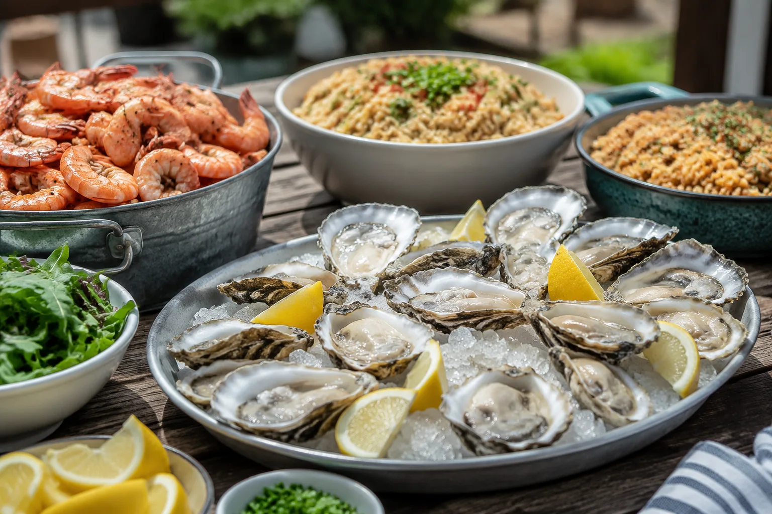 Coastal Georgia seafood-focused catering spread with fresh shrimp, oysters, and rice dishes displayed on a rustic wooden table