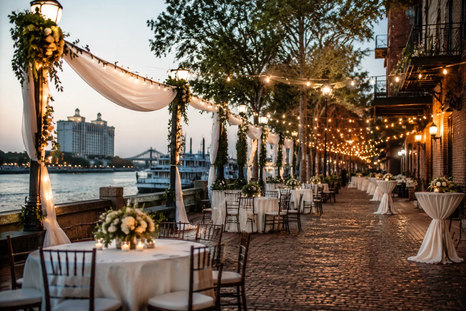 Elegant outdoor riverfront event setup in Savannah with string lights, white draping, and cobblestone pathway visible, dusk