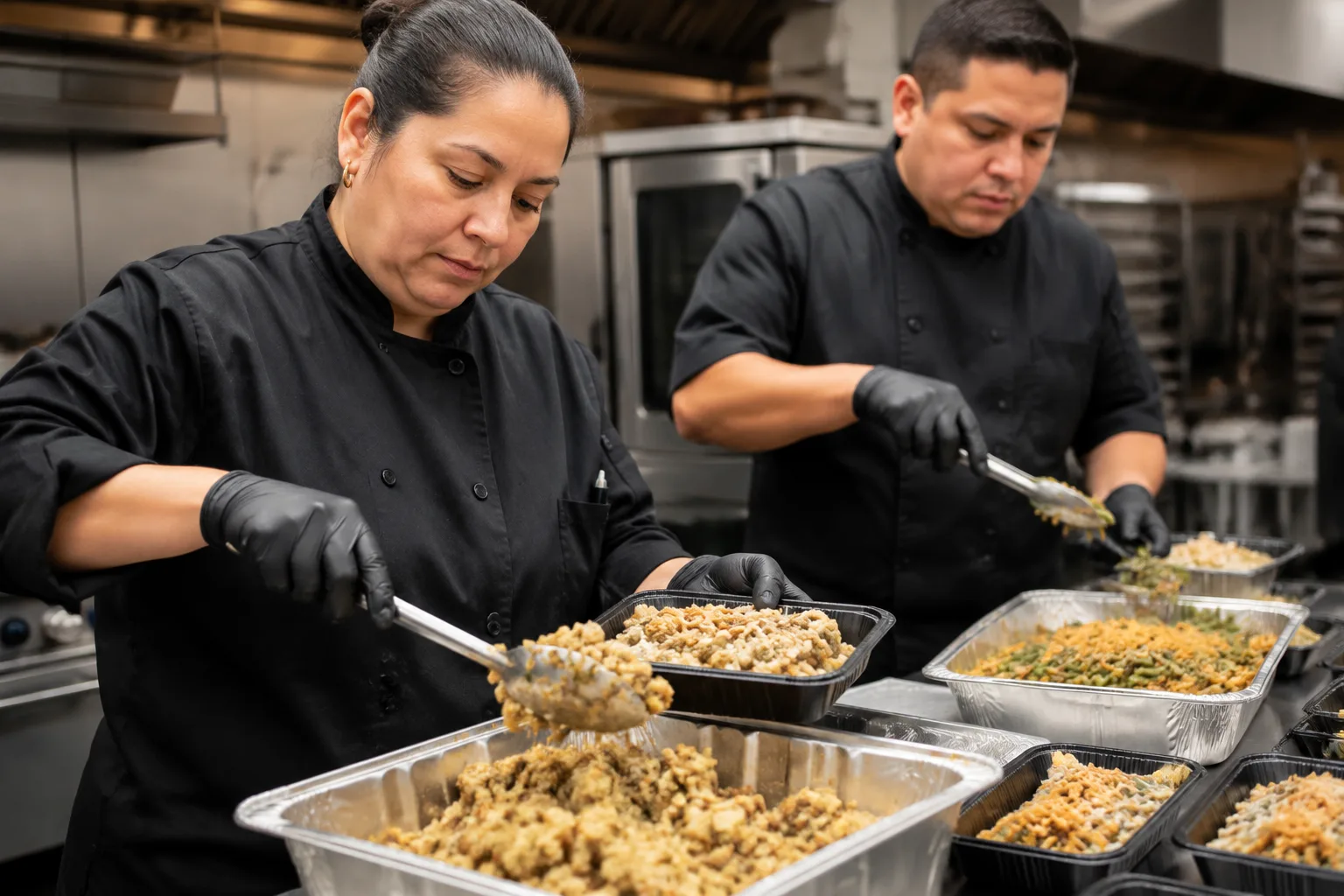 A photorealistic image of catering staff plating cornbread dressing and green bean casserole into serving dishes for a Thanksgiving delivery
