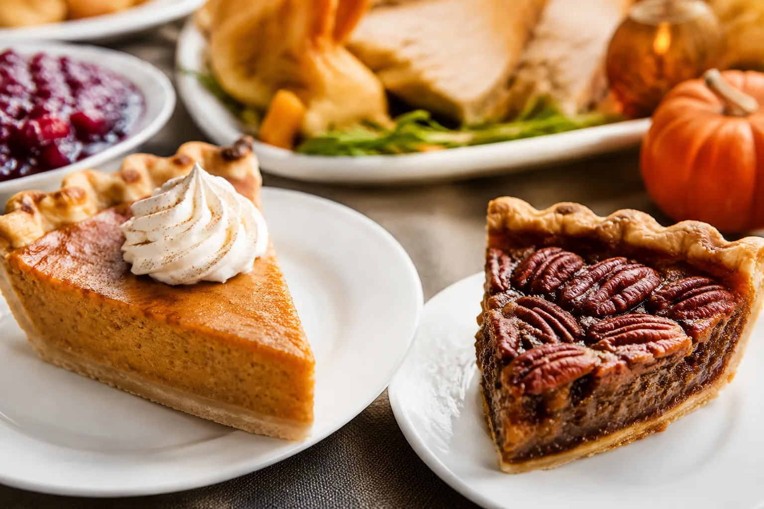 A photorealistic close-up of a slice of pumpkin pie and pecan pie on dessert plates at a catered Thanksgiving dinner table