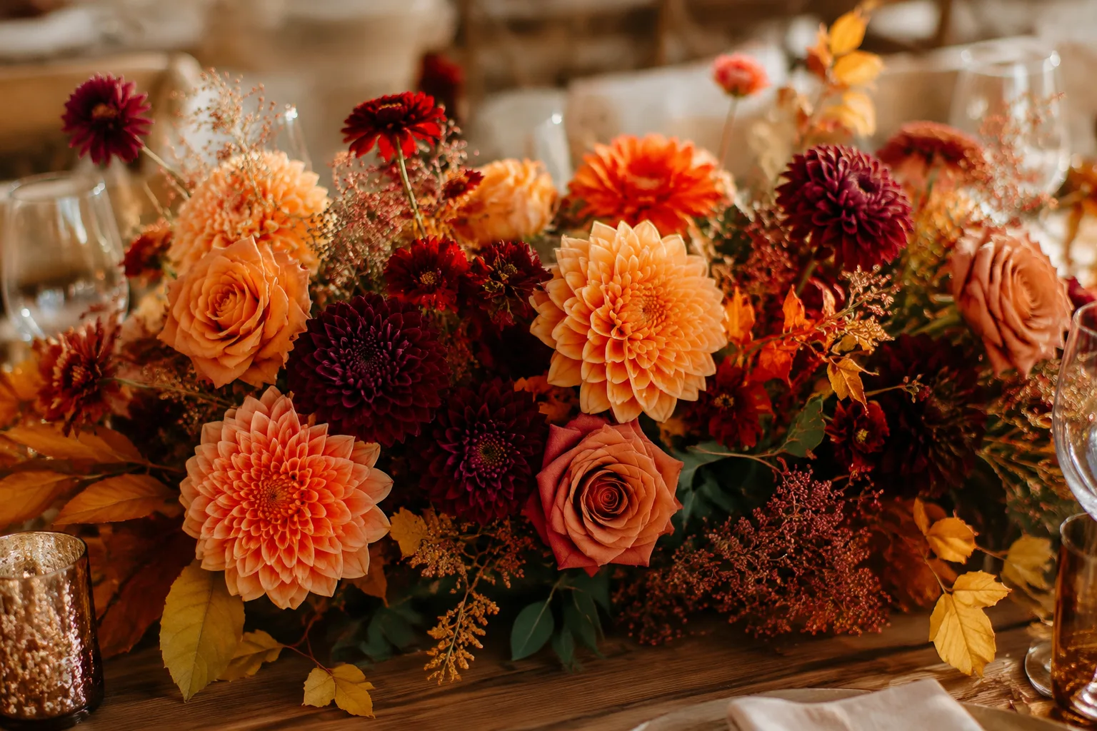 Fall wedding centerpiece with dahlias, chrysanthemums, and rich orange and burgundy florals on a wooden table
