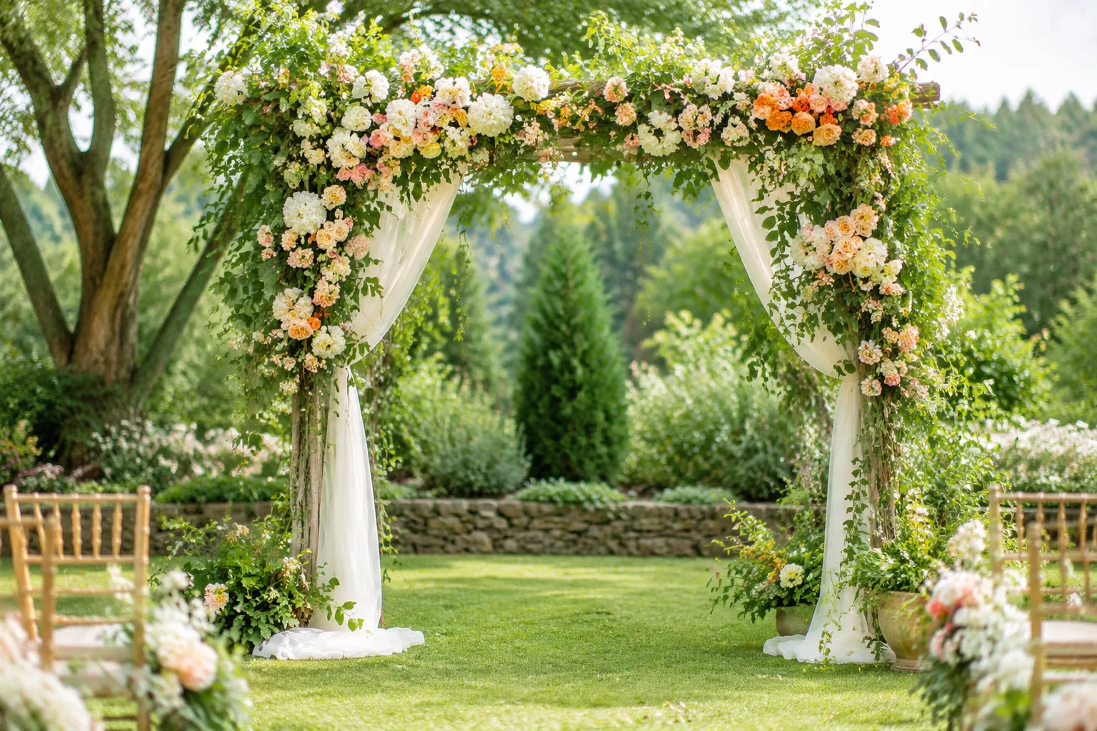 Outdoor wedding ceremony arch decorated with lush seasonal greenery and flowers, garden setting