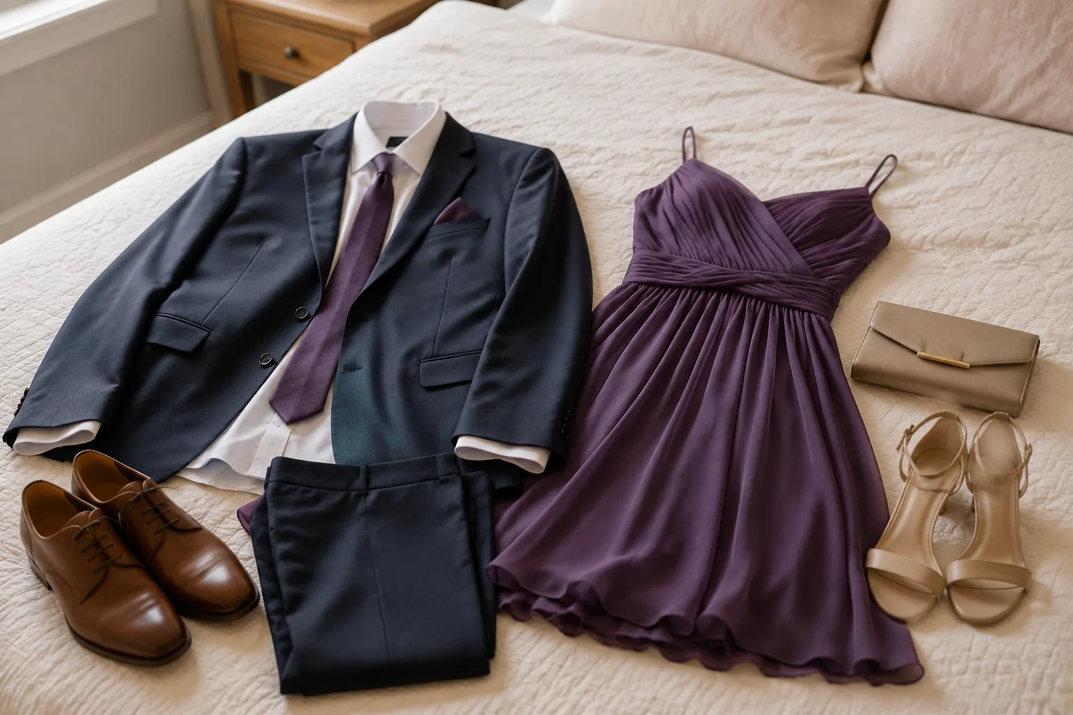 Formal wedding guest attire laid out neatly, a dark suit and a knee-length cocktail dress, on a bed in