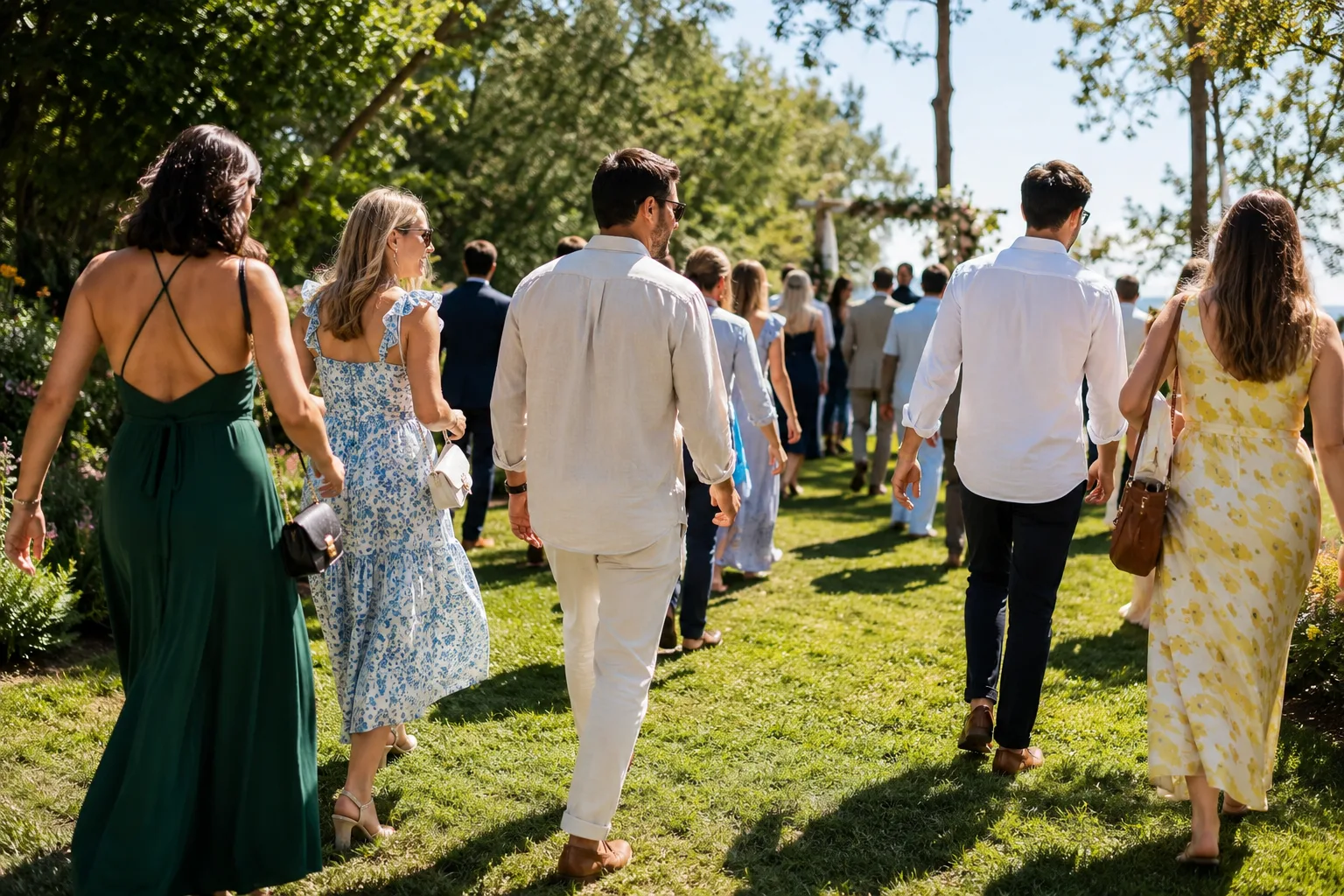 Wedding guests in relaxed garden-casual attire walking across a lawn toward an outdoor ceremony, sunny day