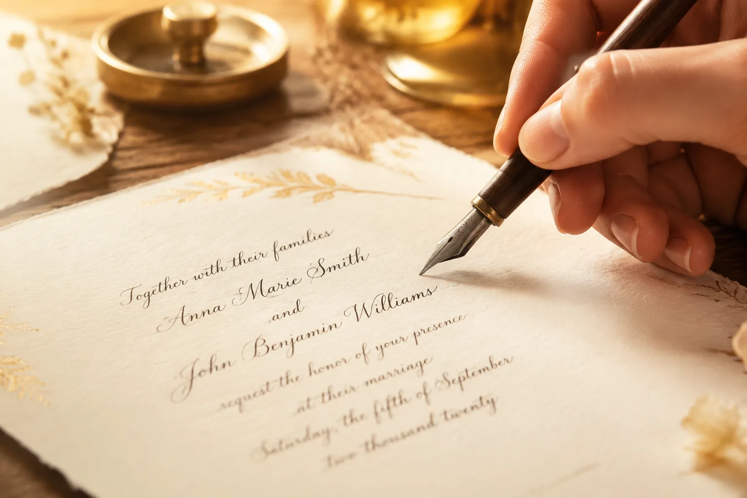 Hand writing elegant calligraphy wedding invitation wording with a fountain pen, warm desk
