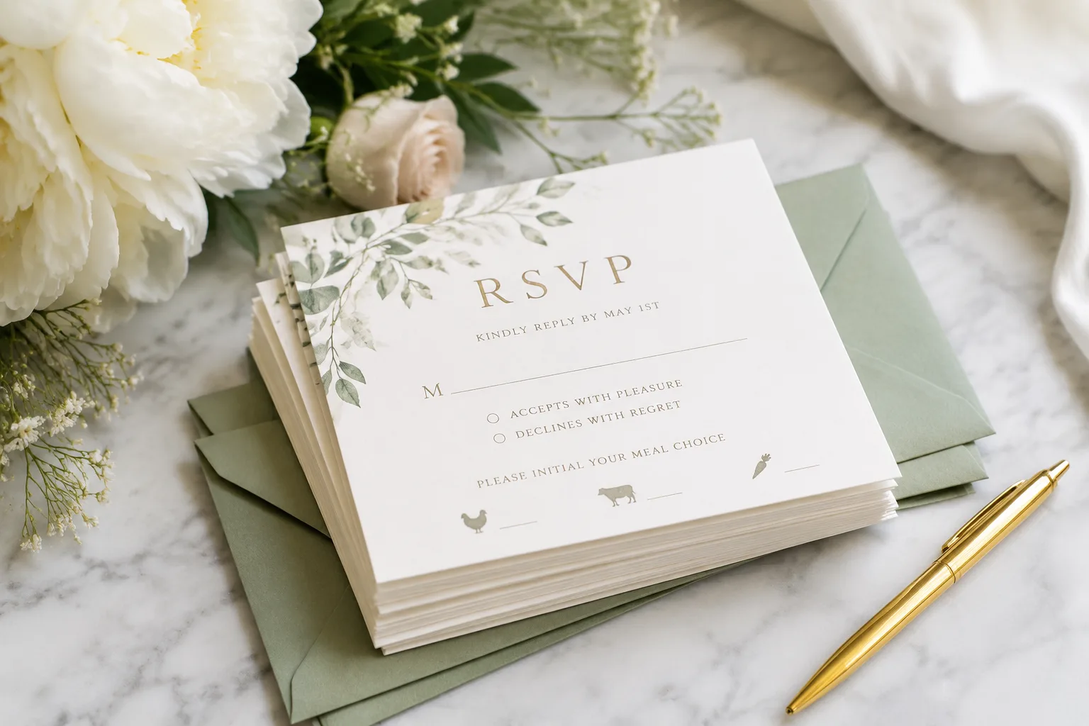 Stack of wedding RSVP cards and envelopes with a pen, styled on a table with subtle floral accents