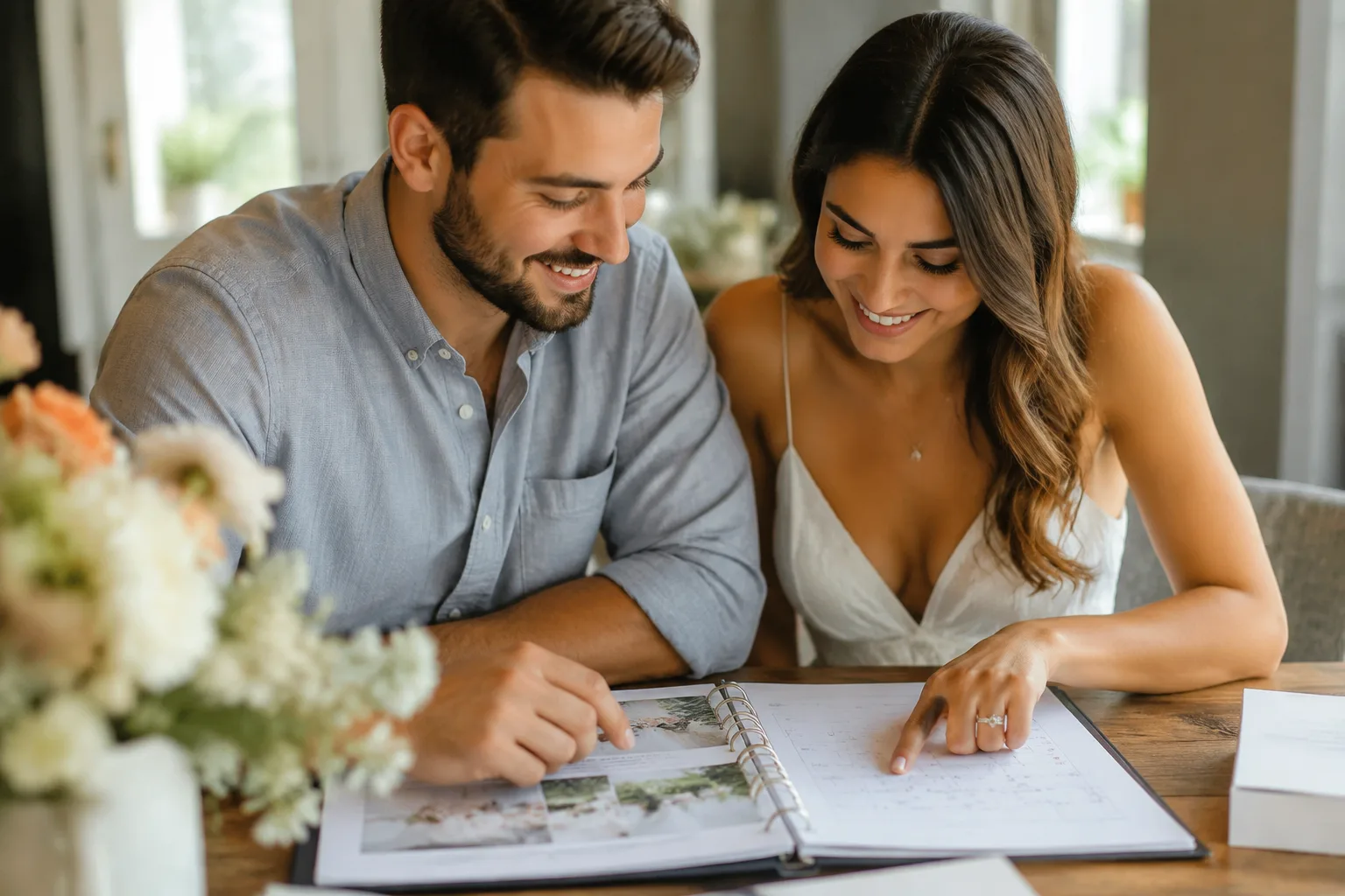 Couple sitting at a table reviewing a wedding planning binder and calendar together, warm indoor