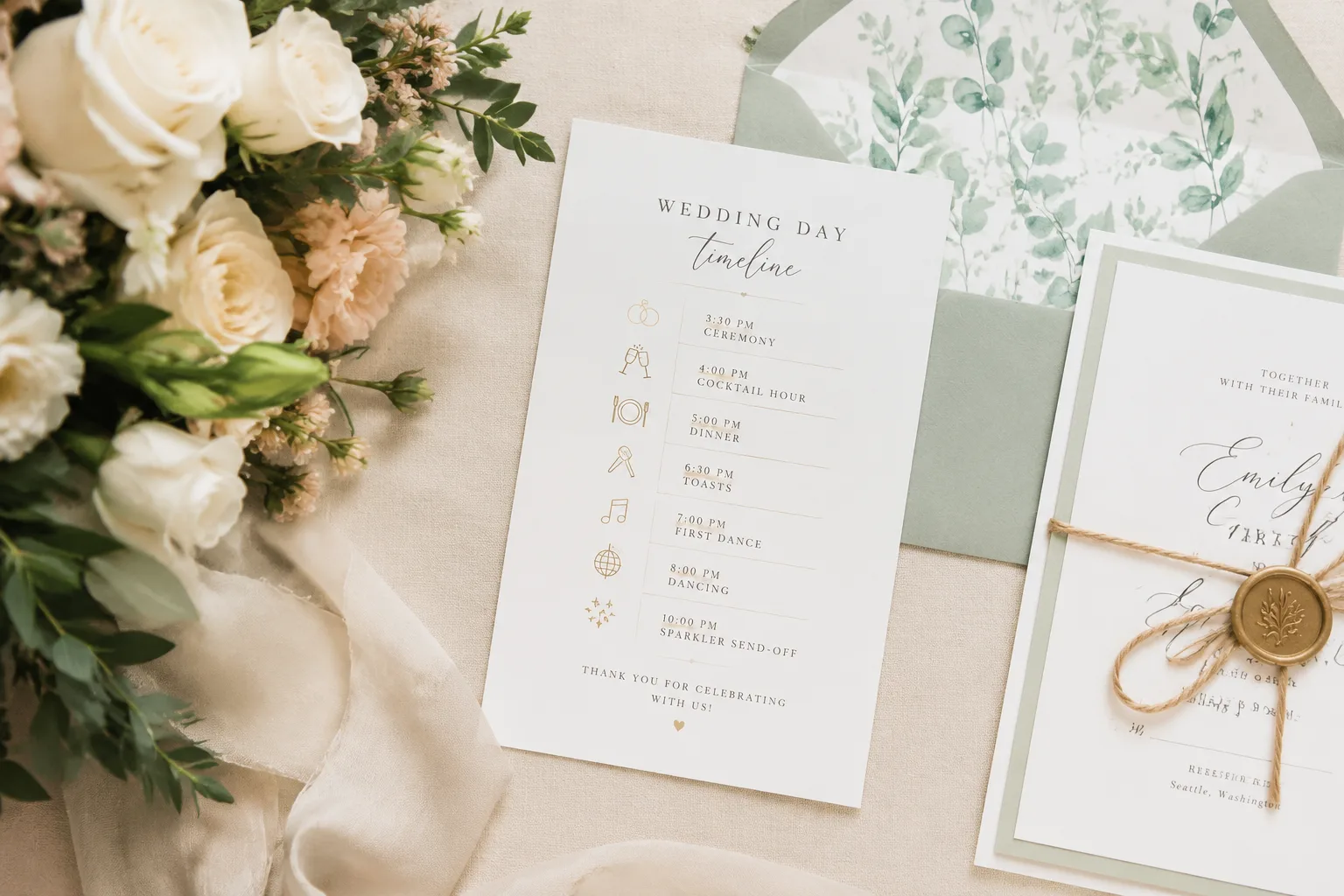 Wedding day timeline printed on cardstock next to a bouquet and invitation suite, soft styled flat lay
