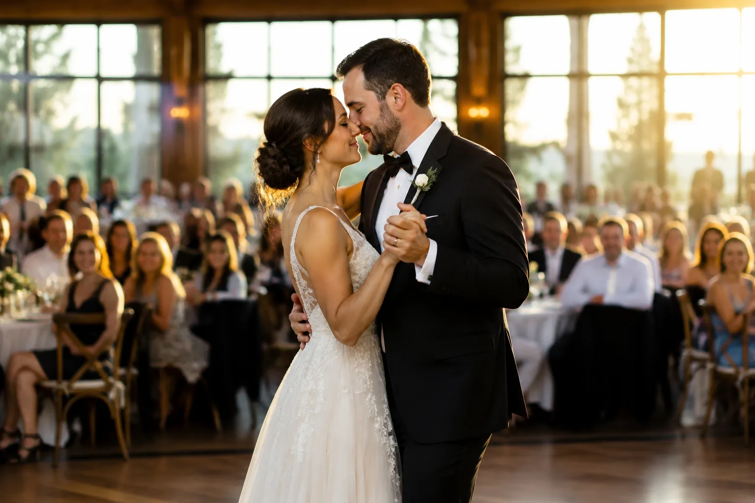Bride and groom sharing their first dance on a dance floor surrounded by seated guests, warm golden hour