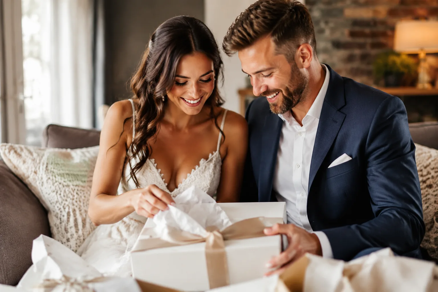 Couple unwrapping wedding gifts together at home, smiling, cozy living room setting
