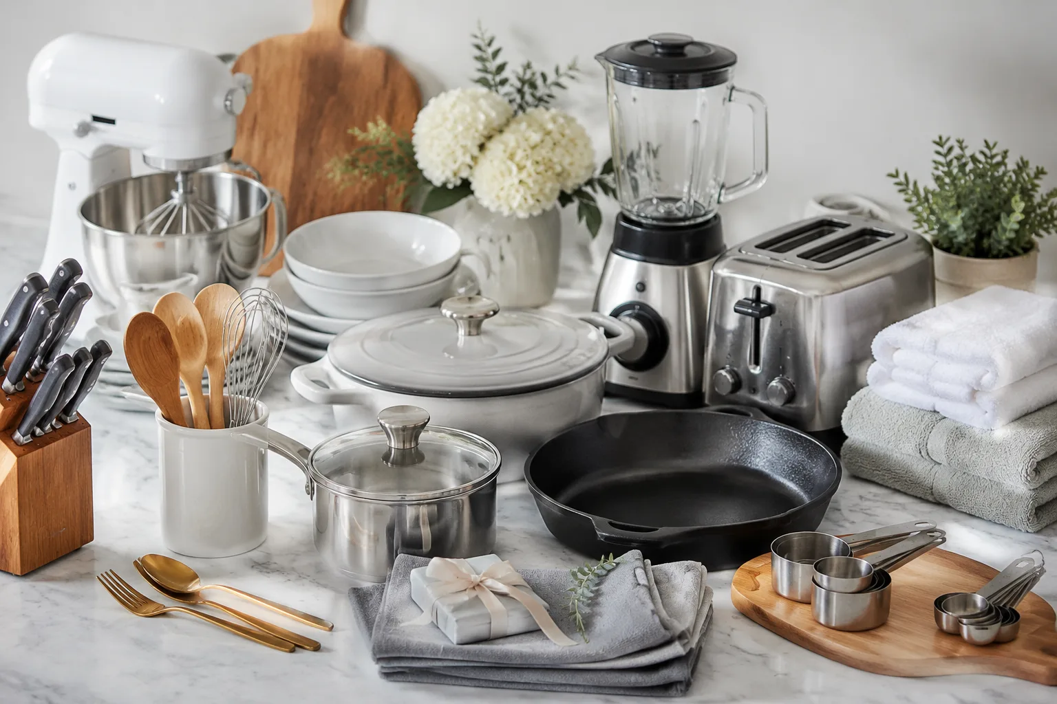 A photorealistic flat lay photo of home essentials like towels, cookware, and small appliances neatly arranged for a wedding registry