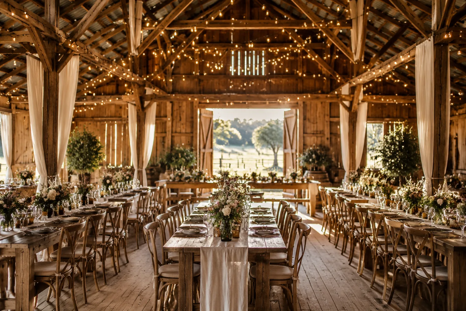 Rustic wooden barn venue interior decorated for a wedding reception with hanging string lights and long farmhouse tables, golden hour