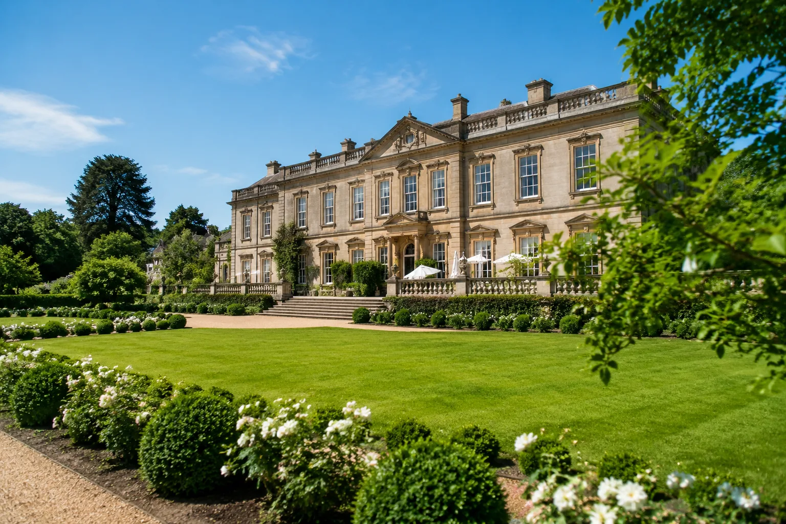 Restored historic estate mansion exterior with formal gardens, used as a wedding venue, clear blue sky, manicured lawn