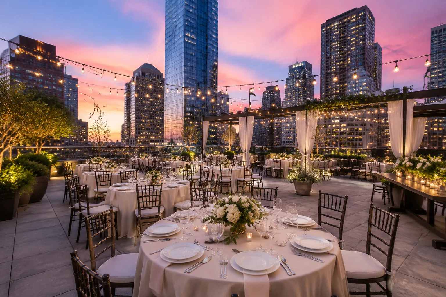 Modern downtown rooftop event space set up for a wedding reception with city skyline views in the background at dusk