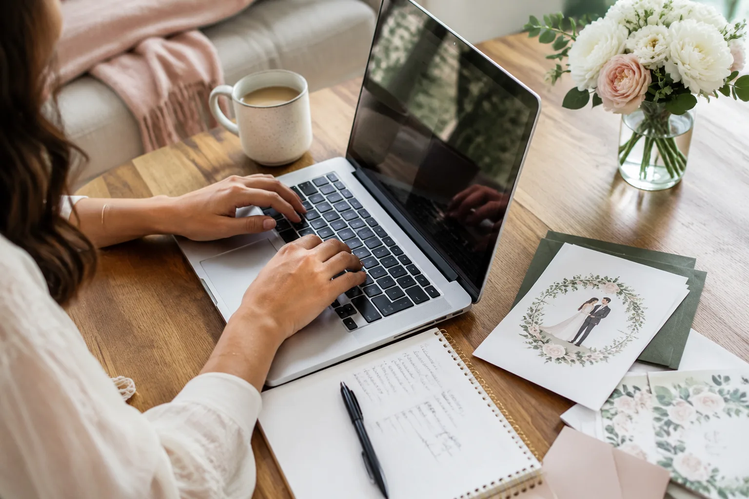 Person typing on a laptop at a coffee table, planning notes and a wedding invitation mockup nearby, bright cozy interior