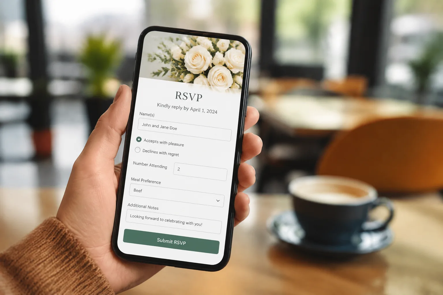 Smartphone screen showing a wedding RSVP form being filled out, held in someone's hand, blurred cafe background