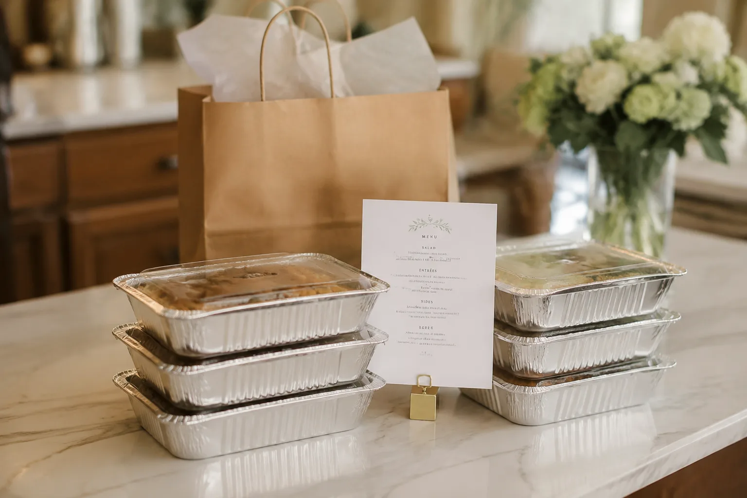 Simple drop-off catering delivery, with sealed food trays and a printed menu card on a kitchen counter, ready for a host to set out